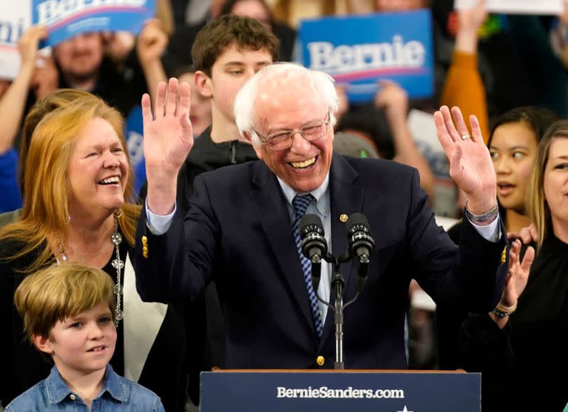 Democratic U.S. presidential candidate Senator Bernie Sanders speaks at his New Hampshire primary night rally in Manchester, N.H., U.S.