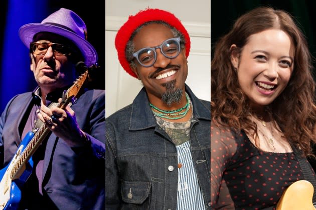 Elvis Costello, André 3000, Laufey - Credit: Sergione Infuso/Corbis/Getty Images; Emma McIntyre/Getty Images/GQ; Rob Kim/Getty Images/The Recording Academy