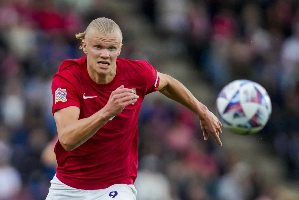 Norway's forward Erling Braut Haaland runs for the ball during the UEFA Nations League football match Norway v Slovenia in Oslo, Norway, on June 9, 2022. - - Norway OUT (Photo by Javad Parsa / NTB / AFP) / Norway OUT (Photo by JAVAD PARSA/NTB/AFP via Getty Images)