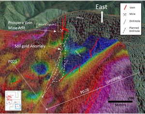 Oblique view of the Prospera vein area looking east.  Coincident E-W topographic, magnetic (RTP), and soil gold anomalies extend the mapped vein trend to a minimum 500m east-west and over 300 vertical meters. Topographic contour interval is 20 meters.