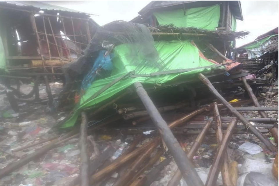 In this photo provided by Myanmar Military True News Information Team on Sunday, May 14, 2023, buildings damaged by Cyclone Mocha is seen in Kyauk Phyu township, Rakhine State. (Military True News Information Team via AP)