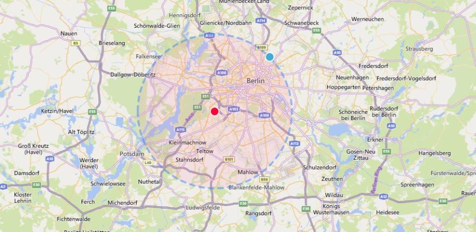 Mit Calcmap kann man sich einen Radius um seinen Wohnort anzeigen lassen. (Screenshot: Calcmap)