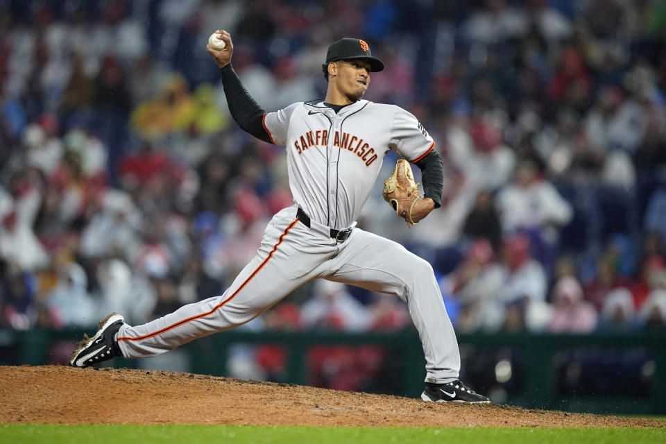 San Francisco Giants' Randy Rodriguez pitches during the fifth inning of a baseball game against the Philadelphia Phillies, Saturday, May 4, 2024, in Philadelphia. (AP Photo/Matt Slocum)