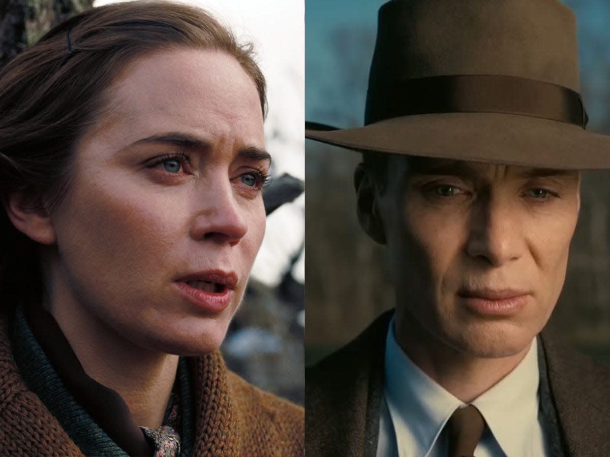 Emily Blunt as Kitty Oppenheimer and Cillian Murphy as J. Robert Oppenheimer.