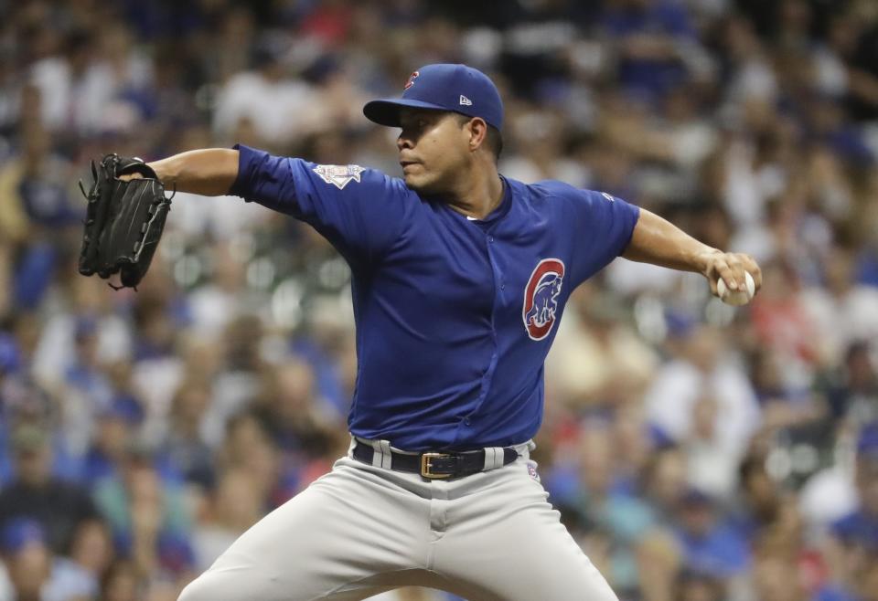 Chicago Cubs starting pitcher Jose Quintana throws during the first inning of a baseball game against the Milwaukee Brewers Wednesday, Sept. 5, 2018, in Milwaukee. (AP Photo/Morry Gash)