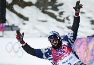 Nicholas Goepper of the U.S.reacts during the men's freestyle skiing slopestyle finals at the 2014 Sochi Winter Olympic Games in Rosa Khutor February 13, 2014. REUTERS/Mike Blake