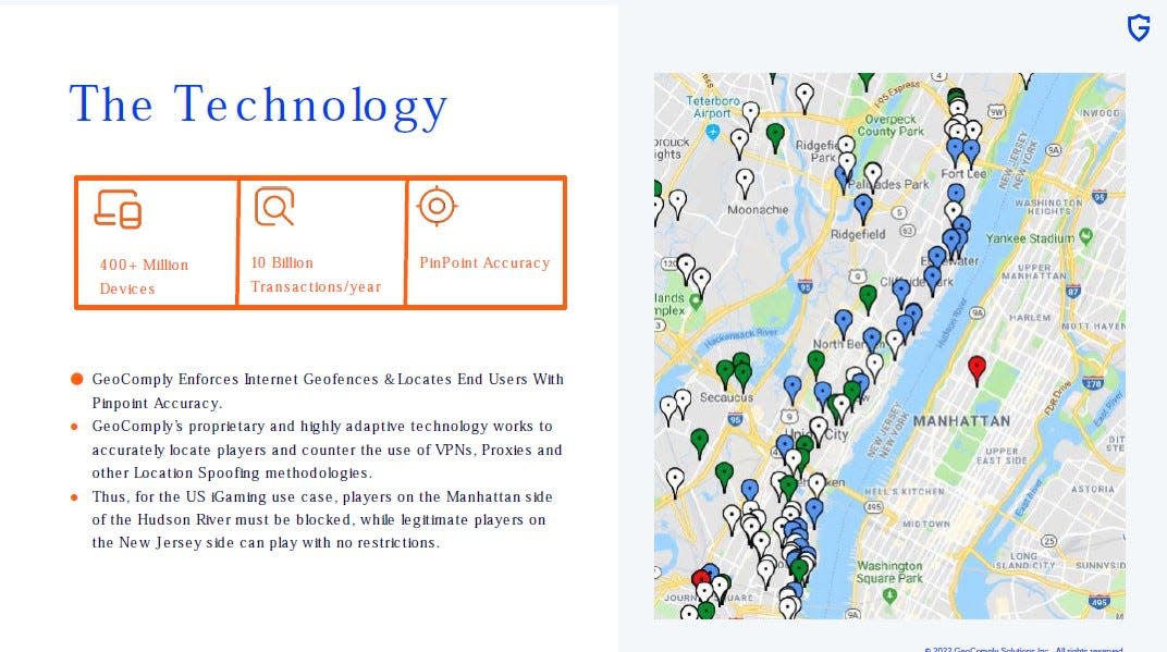A slide from a GeoComply presentation explains how its software for detecting gambling app use works.