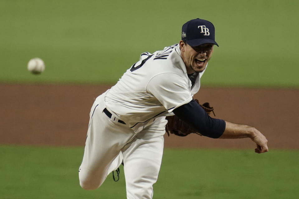 Tampa Bay Rays starting pitcher Charlie Morton throws against the Houston Astros during the sixth inning in Game 7 of a baseball American League Championship Series, Saturday, Oct. 17, 2020, in San Diego. (AP Photo/Gregory Bull)