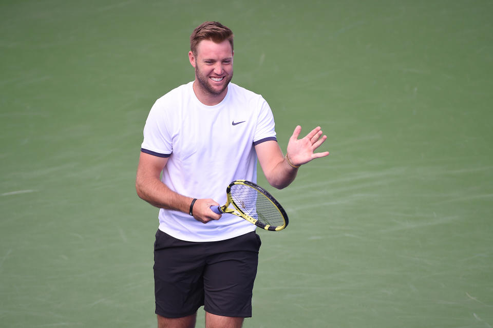 ATLANTA, GEORGIA - JULY 25: Jack Sock reacts after a point to Ben McLachlan of Japan and John-Patrick Smith of Australia during the BB&T Atlanta Open at Atlantic Station on July 25, 2019 in Atlanta, Georgia. (Photo by Logan Riely/Getty Images)