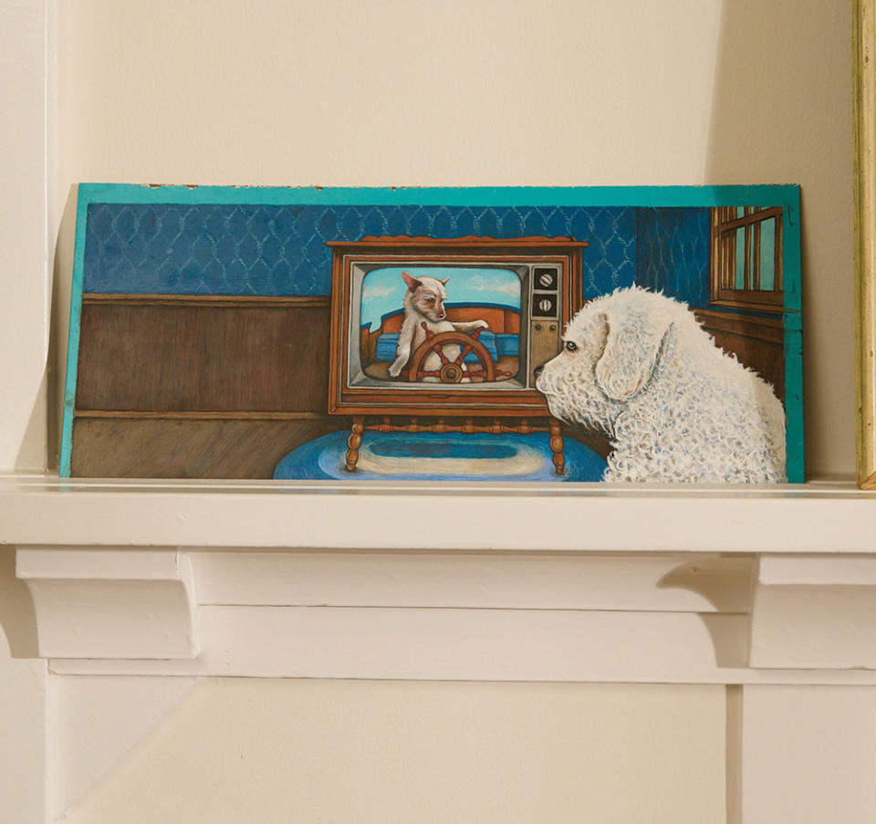Art commissioned, like this soup and sandwich tray featuring her two dogs at the time by artist Greg Kozatek