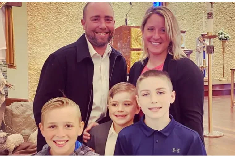 Eric King (left) and sons Liam (front left) and Patrick (middle) were killed Christmas morning in a fire at their Quakertown home. His mother Kristen and son Brady (front right) escaped.