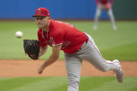 Los Angeles Angels starting pitcher Reid Detmers delivers against the Cleveland Guardians during the first inning of a baseball game in Cleveland Saturday, May 4, 2024. (AP Photo/Phil Long)