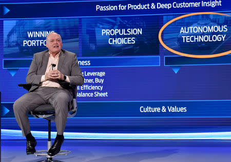 Ford CEO Jim Hackett speaks to dealers at a company dealer meeting in Las Vegas, Nevada, U.S. in this October 17, 2018 handout photo, obtained by Reuters on October 18, 2018. Ford Motor/Handout via REUTERS
