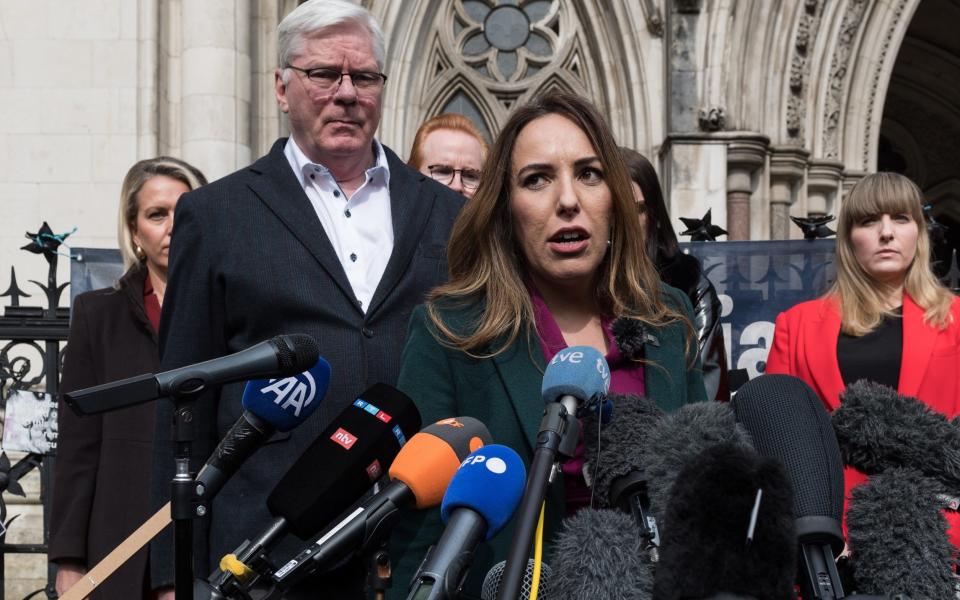 Stella Assange speaks to the media and supporters of her husband, Julian, after the High Court adjourned the decision whether to grant him permission to appeal against the US extradition order, pending assurances from America