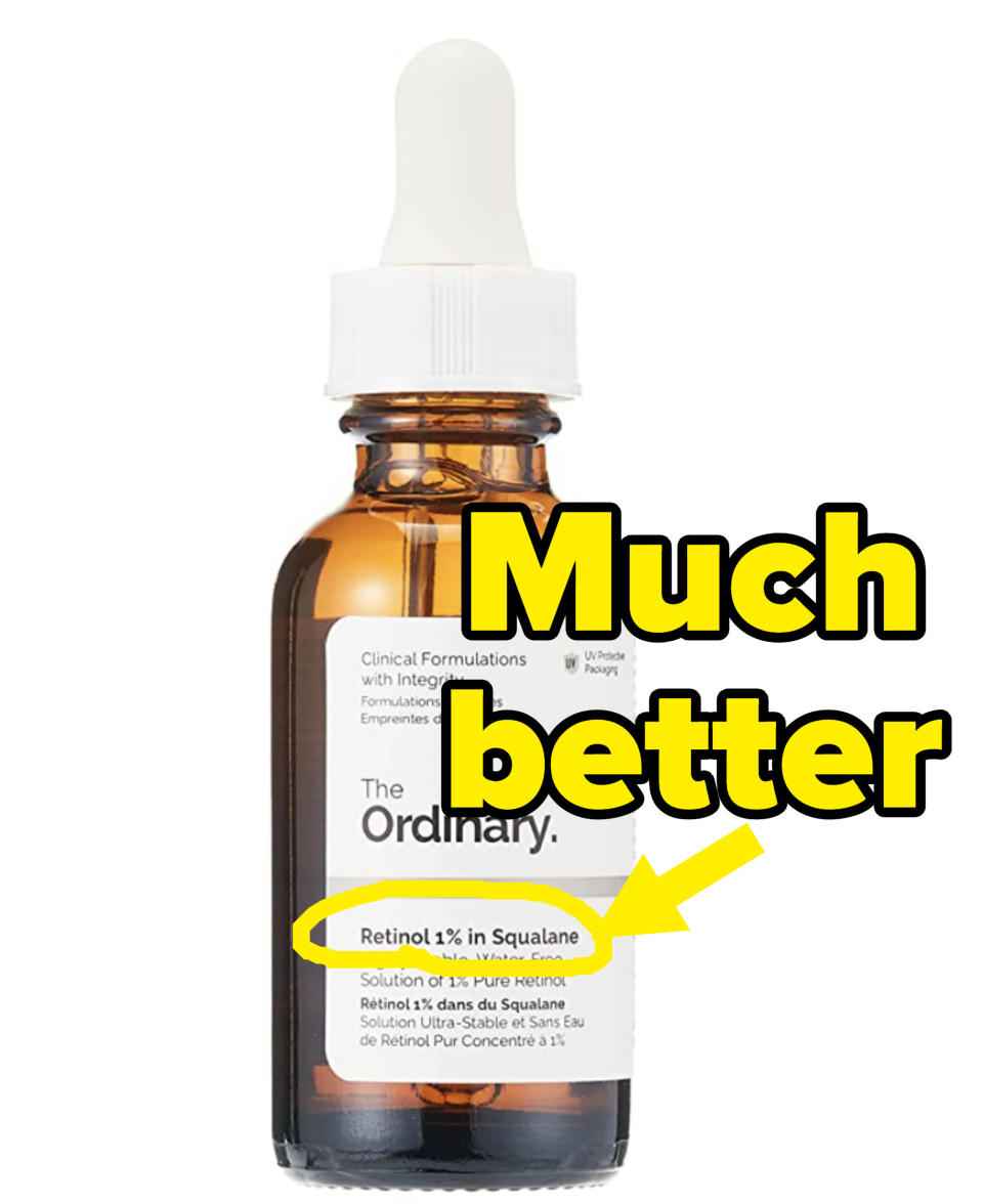 1% retinol scream from The Ordinary with 1% circled and labeled "much better"