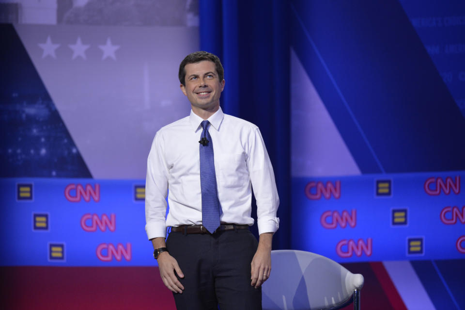 South Bend, Ind., Mayor Pete Buttigieg smiles during CNN's "Equality in America" town hall in Los Angeles on Thursday. (Edward M. PioRoda/CNN)