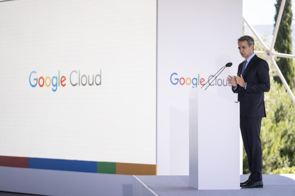 Greek Prime Minister Kyriakos Mitsotakis speaks at a Google Cloud event in Athens on Thursday, Sept. 29, 2022. Google announced Thursday that it is expending is cloud infrastructure to Greece, following similar investments by tech giants Microsoft and Amazon. (AP Photo/Petros Giannakouris)