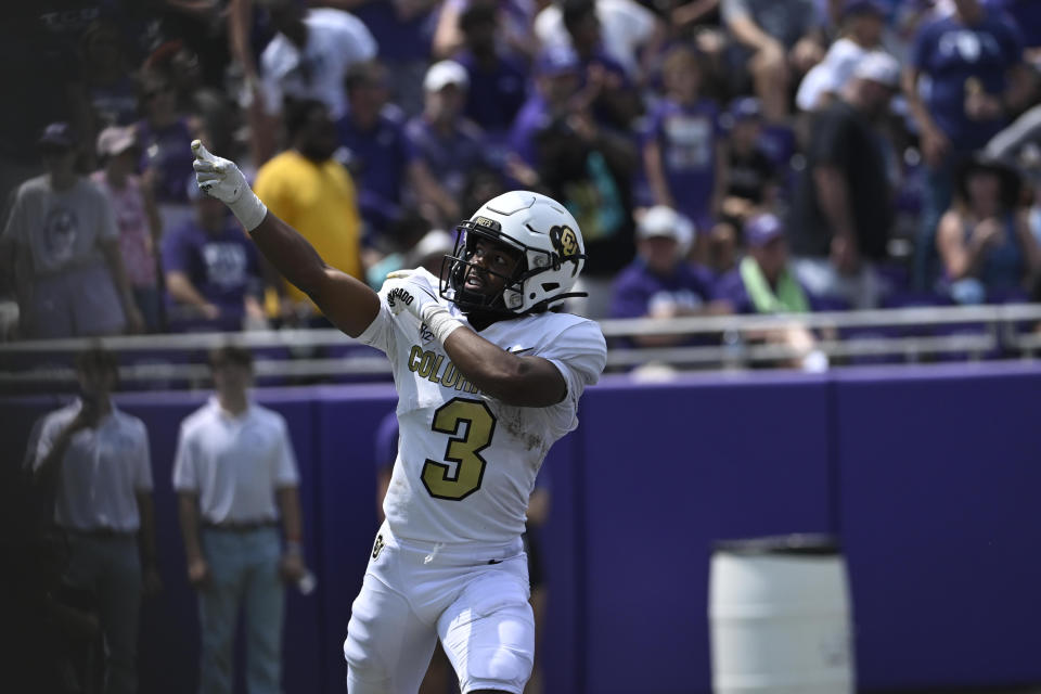 College Football: Colorado Dylan Edwards (3) in action, reacts after making a catch vs. TCU at Amon G. Carter Stadium. 
Fort Worth, TX 9/2/2023
CREDIT: Greg Nelson (Photo by Greg Nelson/Sports Illustrated via Getty Images) 
(Set Number: X164412 TK1)