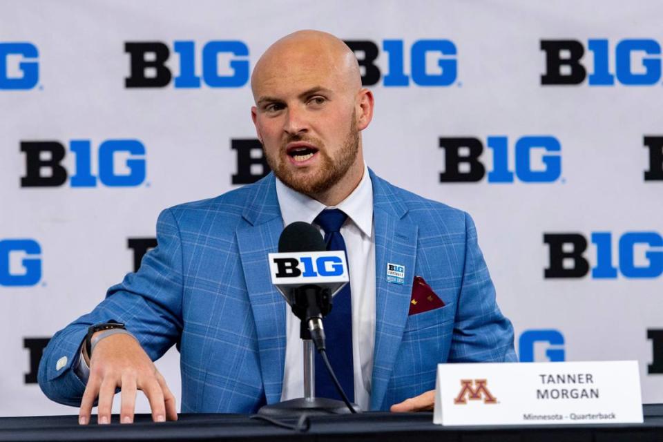 Minnesota quarterback Tanner Morgan talks to reporters during Big Ten Media Days in Indianapolis. Morgan’s father died the previous week.