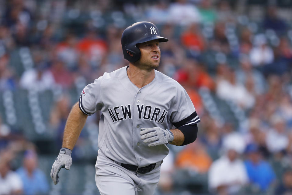 FILE - In this Sept. 10, 2019, file photo, New York Yankees' Brett Gardner rounds first base after hitting a solo home run in the second inning of the team's baseball game against the Detroit Tigers in Detroit. The Yankees plan to plan to exercise two option years on reliever Zack Britton worth $27 million and to decline options on outfielder Gardner and pitcher J.A. Happ. The decisions were disclosed by a person familiar with the team’s decisions who spoke on the condition of anonymity Thursday because they had not been announced. (AP Photo/Paul Sancya, File)