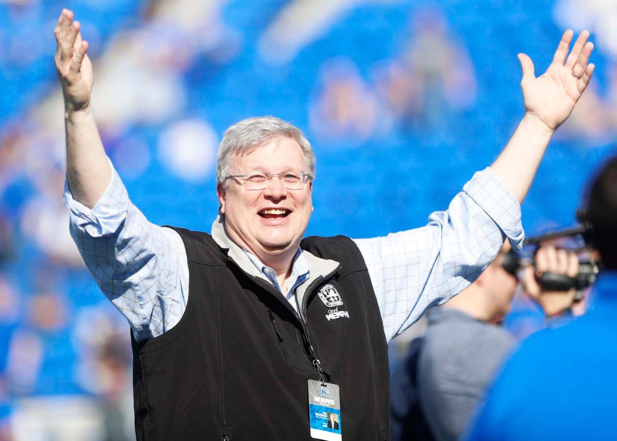 Memphis mayor Jim Strickland can be seen greeting the crowd before he presses a button to “release the Tigers” from a tunnel before the Memphis Tigers play against South Florida in their homecoming game on Saturday, November 04, 2023 at the Simmons Bank Liberty Stadium in Memphis, Tenn.