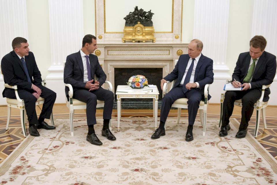 俄羅斯總統蒲亭(Vladimir Putin)13日在莫斯科會見敘利亞總統阿塞德(Bashar al-Assad)。 (圖:敘總統府)