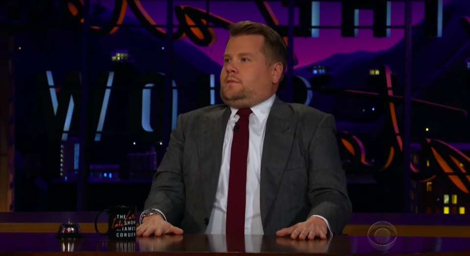 James was despreately trying to contain his sneezes. Source: YouTube / The Late Late Show