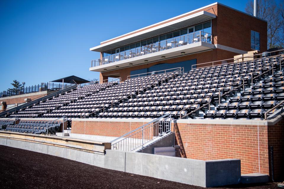 Additional rows of seats as well as a photographer well have been added along the right field line as renovation work continues at Lindsey Nelson Stadium on the University of Tennessee campus in Knoxville on Tuesday, February 6, 2024.