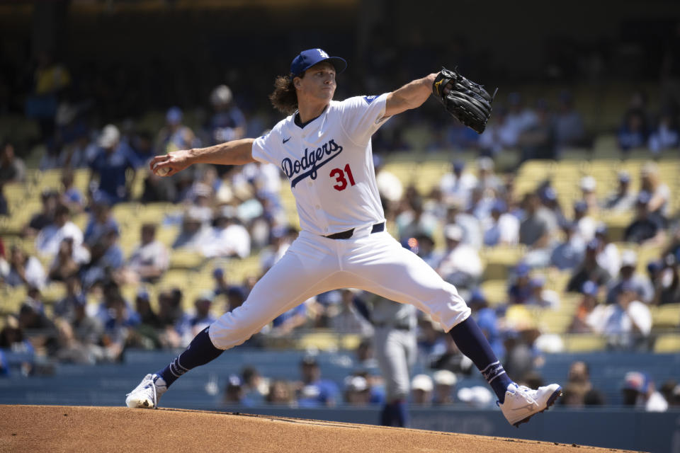 Los Angeles Dodgers pitcher Tyler Glasnow delivers during the first inning of a baseball game against the New York Mets in Los Angeles, Sunday, April 21, 2024. (AP Photo/Kyusung Gong)