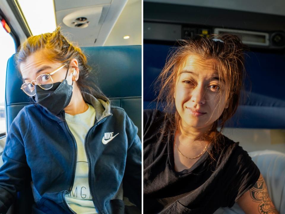 The author travels in first-class (L) and a sleeper car (R) on Amtrak trains.