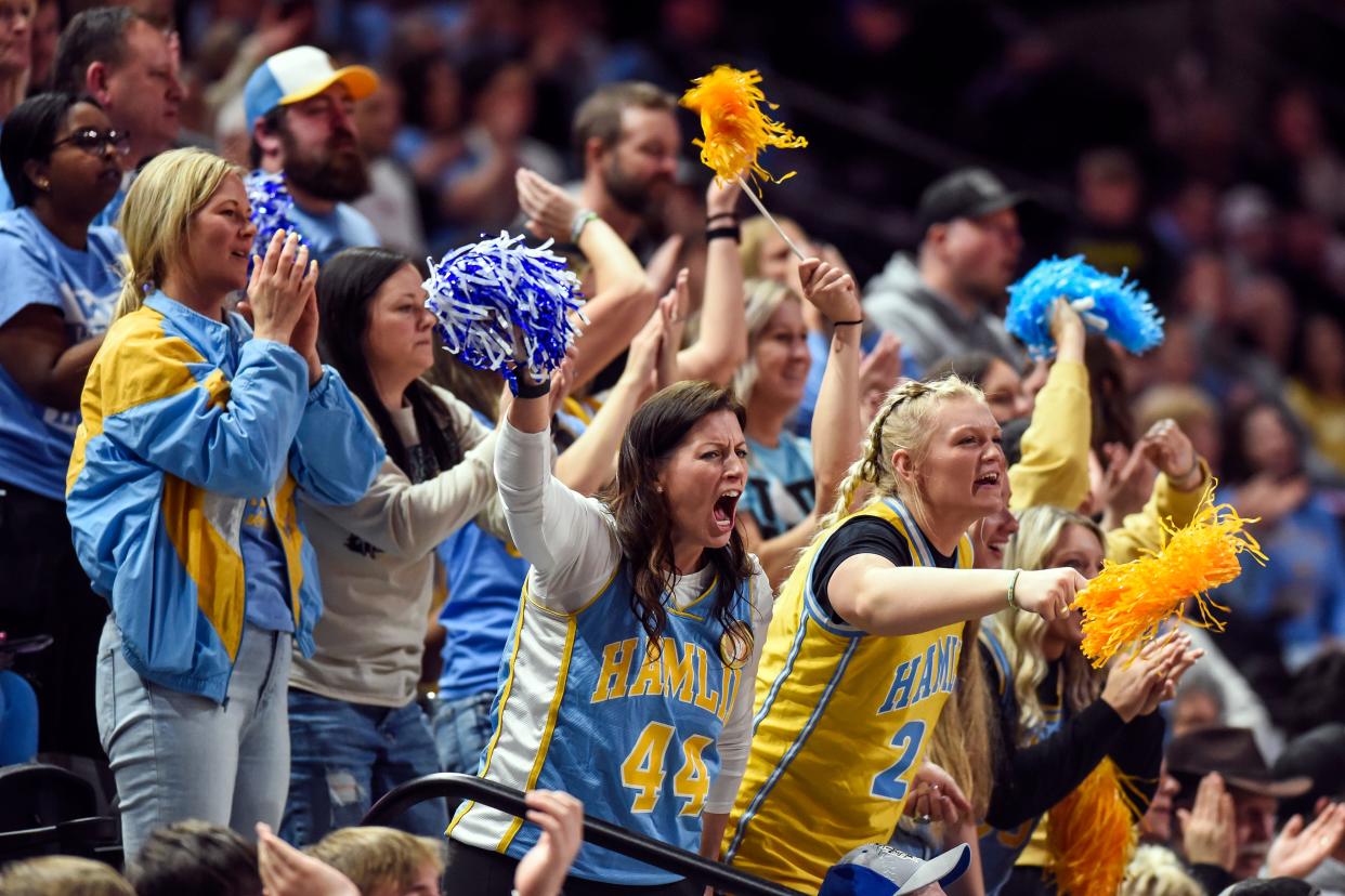 Hamlin fans cheer on the Chargers against Rapid City Christian during their semifinal game in the state Class A boys basketball tournament on Friday, March 15, 2024 in the Summit Arena at The Monument in Rapid City. Hamlin won 62-45.