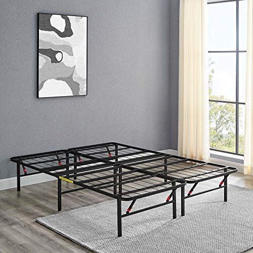 <p><strong>Amazon Basics</strong></p><p>amazon.com</p><p><strong>$124.19</strong></p><p>This easily transportable bed frame from Amazon Basics folds up and lies flat when not in use. It's extremely popular and well loved, with<strong> more than 75,000 five-star reviews</strong><strong> from users who appreciate the quick and simple assembly</strong> (no tools needed) and the open space underneath for storage. One analyst who has used this bed frame says it's the perfect pick for apartment living because it doesn't require a box spring, is effortless to pack up and is lightweight for moving. And it's a total steal for less than $125. You can choose between a 14- or 18-inch rise for extra space too. The frame isn't designed with raised edges to keep your mattress secure, so your mattress may slide and require you to shift it back into place. If you want a cleaner look, reviewers recommend pairing it with a bed skirt to conceal the metal legs. </p>