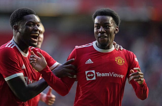 Anthony Elanga (right) celebrates scoring for Manchester United