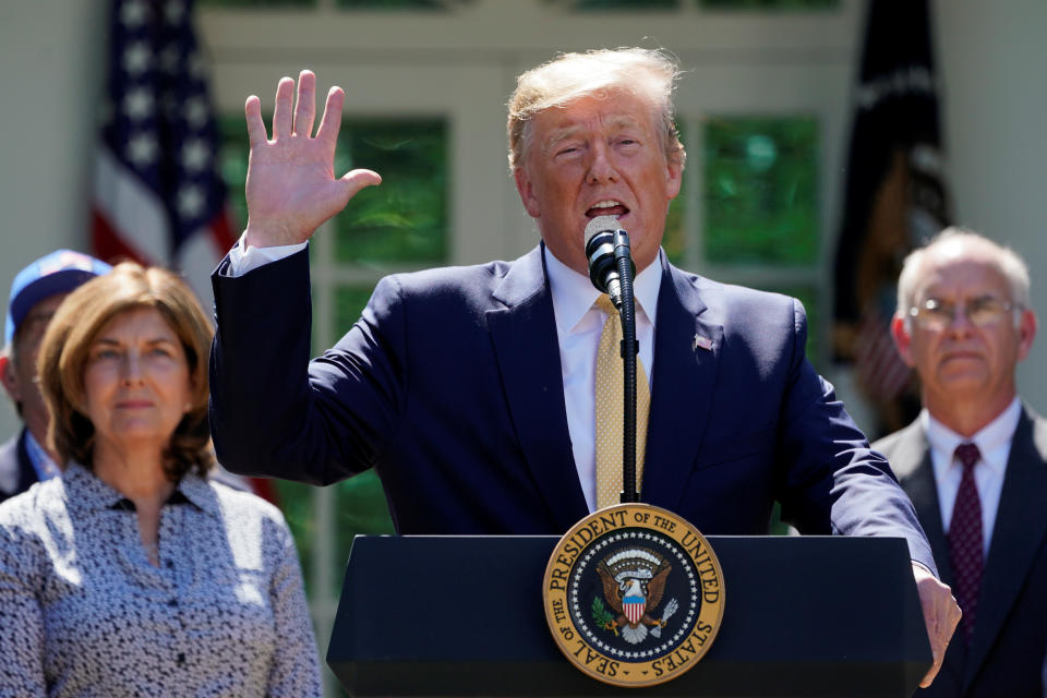   U.S. President Donald Trump speaks about healthcare coverage options for small businesses and workers during an event in the Rose Garden of the White House in Washington, U.S., June 14, 2019. REUTERS/Kevin Lamarque