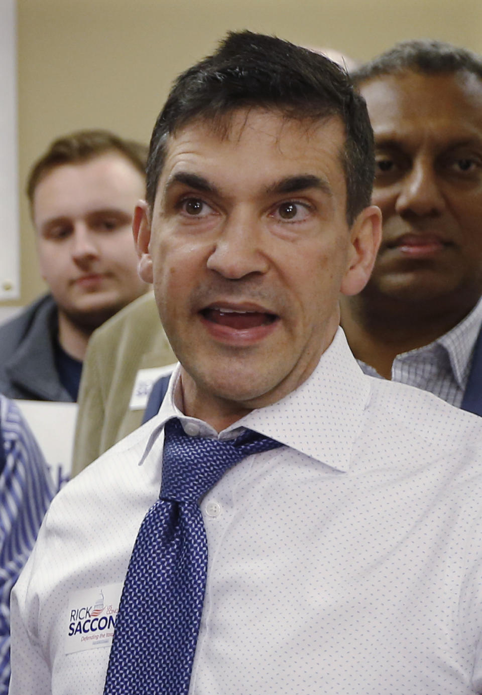 FILE - In this March 9, 2018 file photo, Val DiGiorgio, the Pennsylvania Republican Party chairman, talks with reporters during a campaign stop for Rick Saccone, at the party call center in Pittsburgh. The state G.O.P. announced Tuesday, June 25, 2019 that DiGiorgio is stepping down following a published report that he had traded sexually charged text messages with a Philadelphia City Council candidate and also sent her an explicit photo of himself. (AP Photo/Keith Srakocic, FILE)