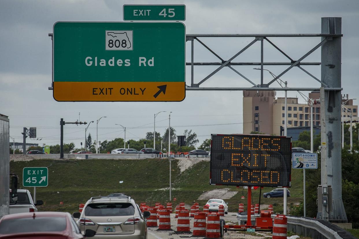 North and southbound ramps at exit number 45 to and from the intersection of Interstate 95 and State Road 808 in Boca Raton, Fla., will be closed as work is completed on the new traffic pattern at the exchange. Photographed on January 24, 2023. Glades Road will reopen on Jan. 30 at 6 a.m. after closing on Jan. 27 at 11 p.m.