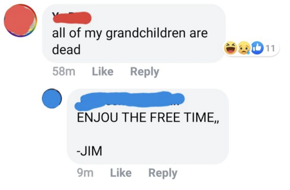 comment reading all of my grandchildren are dead and someone named jim says enjoy the free time