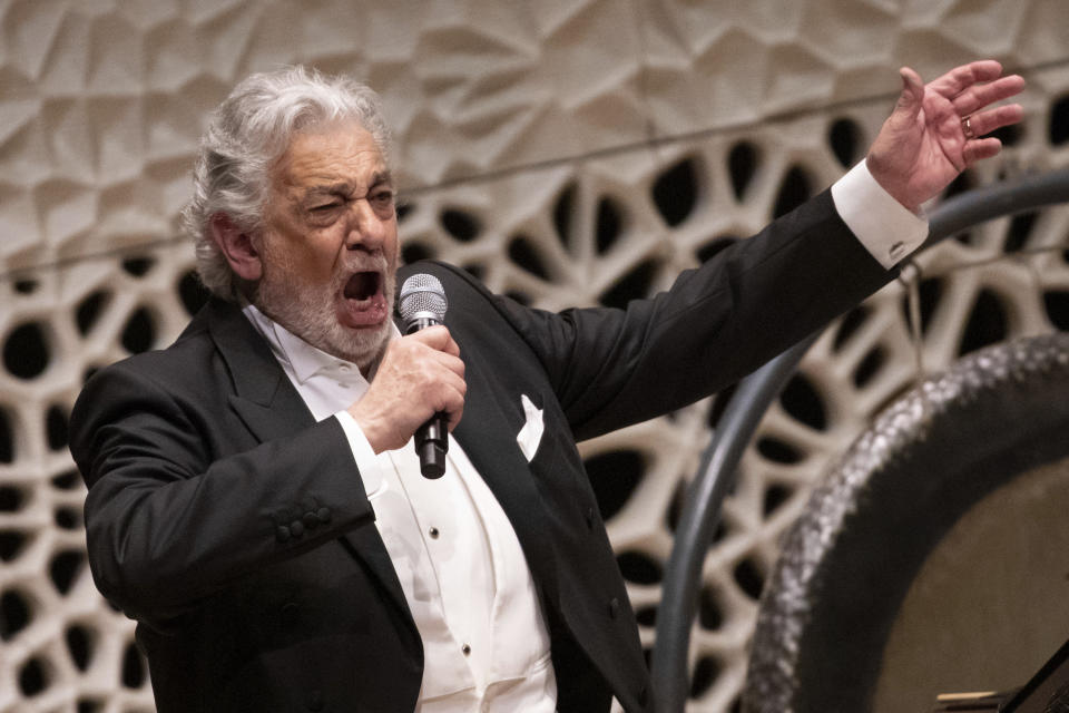 El astro de la ópera Plácido Domingo durante un concierto en Hamburgo el miércoles 27 de noviembre del 2019. (Christian Charisius/dpa vía AP)