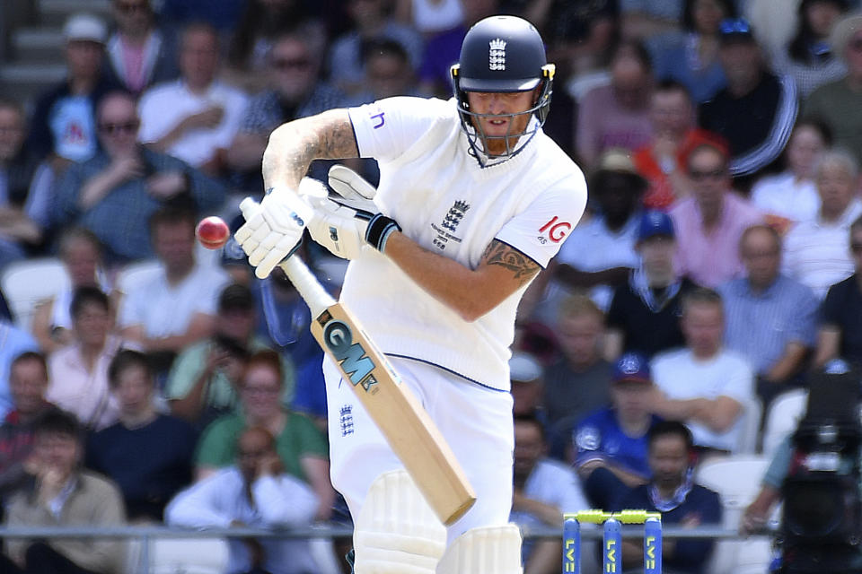 England's Ben Stokes plays a shot during the fourth day of the third Ashes Test match between England and Australia at Headingley, Leeds, England, Sunday, July 9, 2023. (AP Photo/Rui Vieira)