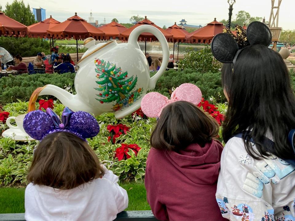 EPCOT's World Showcase is sprinkled with holiday displays like this larger-than-life teapot in the U.K. pavilion.