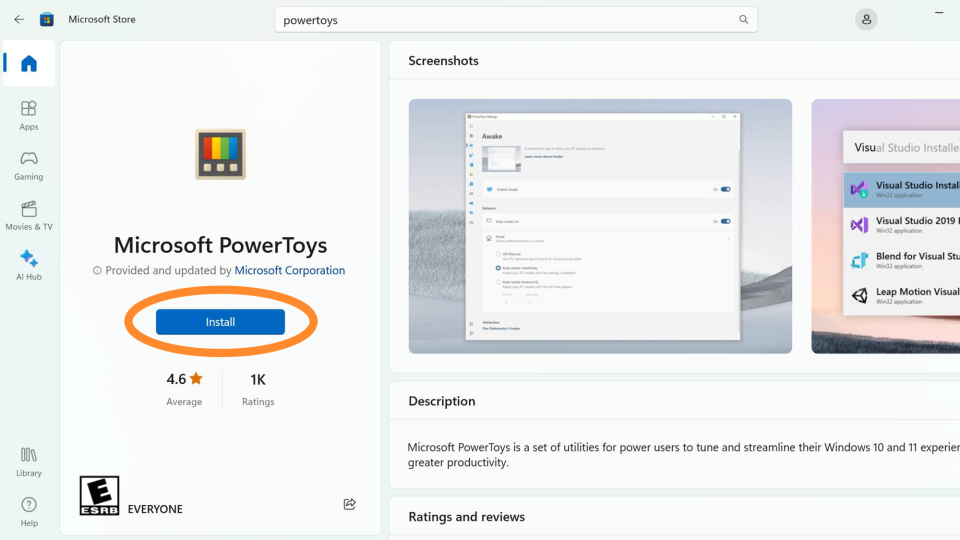 Windows App Store showing the Windows Powertoys app. 