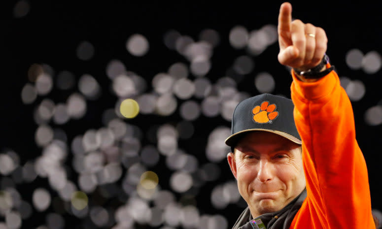 Head coach Dabo Swinney of the Clemson Tigers reacts after defeating the Alabama Crimson Tide 35-31 to win the 2017 College Football Playoff National Championship Game.