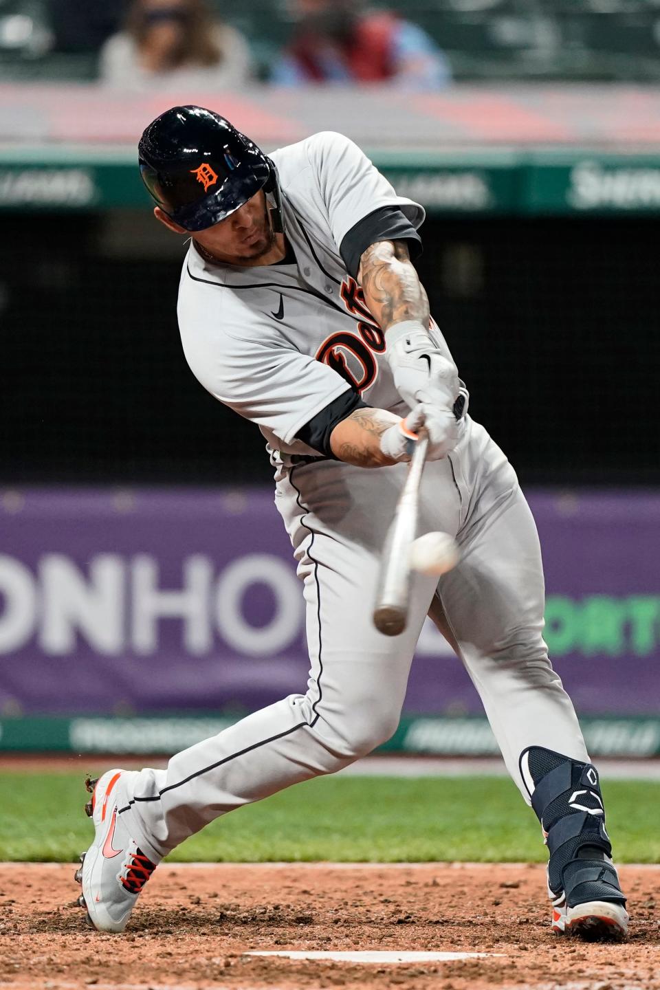 Detroit Tigers' Wilson Ramos hits a solo home run during the eighth inning against Cleveland, on Friday, April 9, 2021, at Progressive Field.