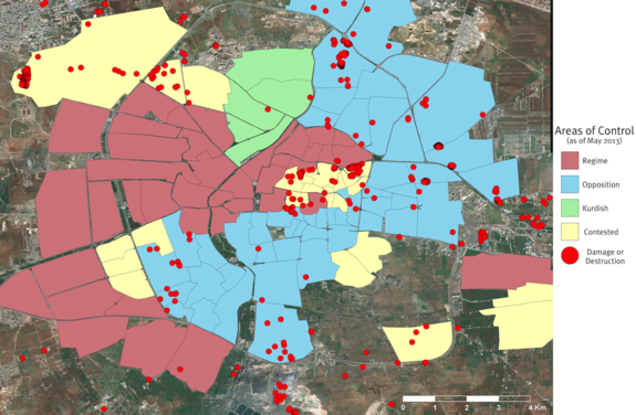 The spatial distribution of damage in Aleppo, Syria is severely lopsided with respect to political control. Of the 713 instances of destruction that were observed during the study period, only six occurred in areas reported to be occupied by fo