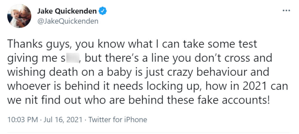 Jake Quickenden has hit back at a troll who made an account dedicated to abusing his baby son. (Twitter/Jake Quickenden)