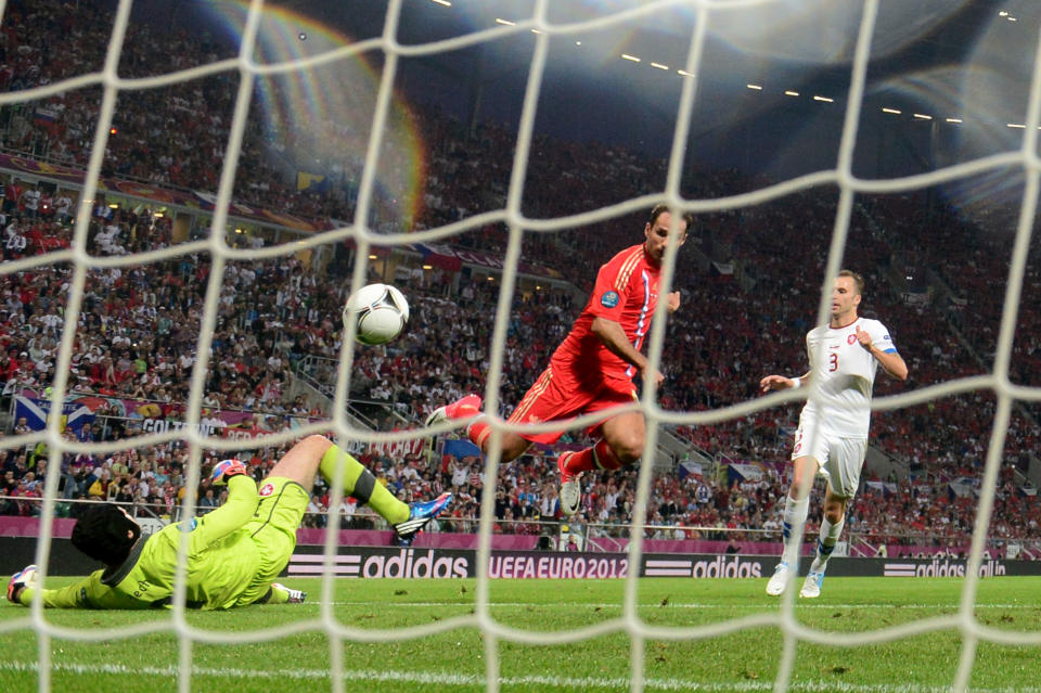 WROCLAW, POLAND - JUNE 08: Roman Shirokov of Russia scores their second goal past Petr Cech of Czech Republic during the UEFA EURO 2012 group A match between Russia and Czech Republic at The Municipal Stadium on June 8, 2012 in Wroclaw, Poland. (Photo by Jamie McDonald/Getty Images)