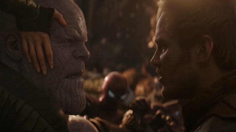 An angry Star-Lord confronts an anguished Thanos.