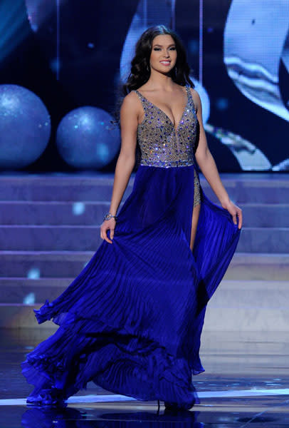 <b>Miss Universe 2012 </b><br><br>Miss Russia Elizabeth Golonova looks breathtaking in a cobalt blue gown for the evening dress round.<br><br>© Getty