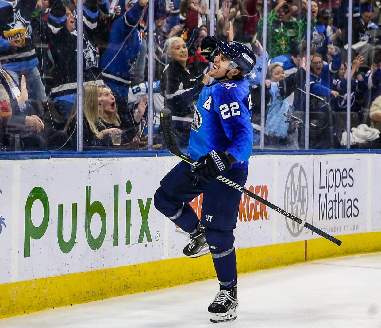 Jacksonville Icemen forward Ara Nazarian (22) celebrates his goal during an ECHL hockey game against the Orlando Solar Bears at Veterans Memorial Arena in Jacksonville, Fla., Saturday, April 16, 2022.  [Gary Lloyd McCullough/For the Jacksonville Icemen]