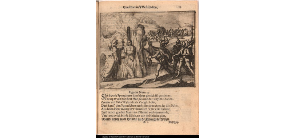 Bartolome de las Casas’ writings, such as his description of Hatuey’s execution, helped record colonizers’ violence against Indigenous people in the Americas. <a href="https://jcb.lunaimaging.com/luna/servlet/detail/JCB~1~1~4492~7050007:-Man-burned-at-the-stake-?qvq=q:hatuey;lc:JCBMAPS~2~2,JCB~3~3,JCBBOOKS~1~1,JCBMAPS~1~1,JCBMAPS~3~3,JCB~1~1&mi=1&trs=2" rel="nofollow noopener" target="_blank" data-ylk="slk:Courtesy of the John Carter Brown Library;elm:context_link;itc:0;sec:content-canvas" class="link ">Courtesy of the John Carter Brown Library</a>, <a href="http://creativecommons.org/licenses/by-sa/4.0/" rel="nofollow noopener" target="_blank" data-ylk="slk:CC BY-SA;elm:context_link;itc:0;sec:content-canvas" class="link ">CC BY-SA</a>